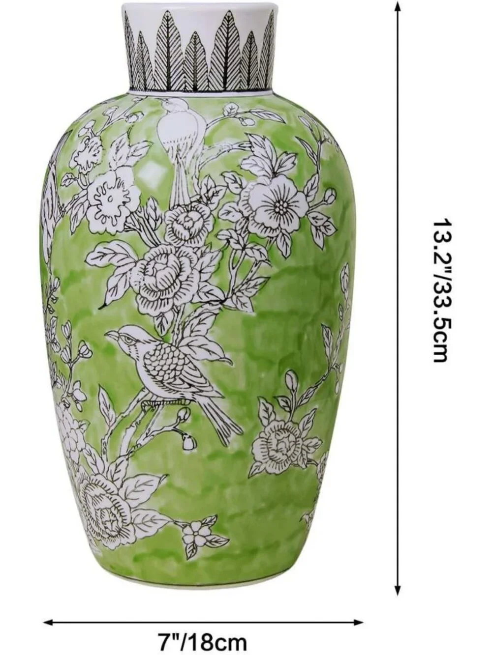 Hand-Painted Green Ceramic Floral-Bird Vase - 13” Decorative Home Accent